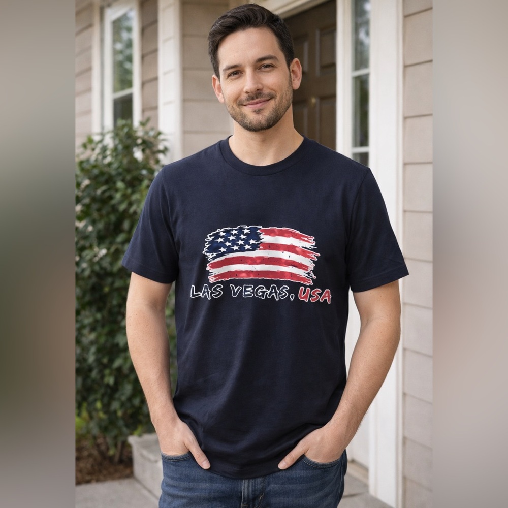 Las Vegas USA Men’s Navy Graphic T-Shirt American Flag Size Small